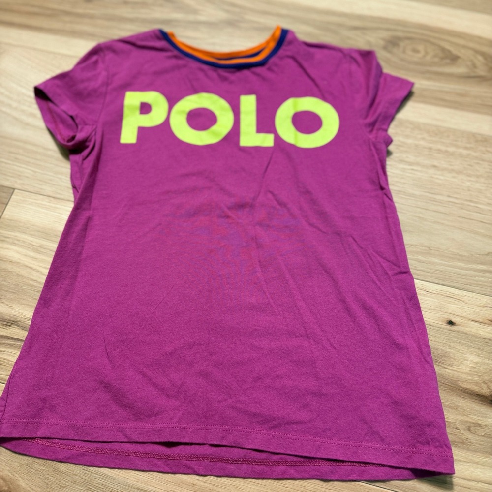 Polo Ralph Lauren T-Shirt Kids Size M 8-10 Fuscia Neon Yellow Logo Ringer Tee